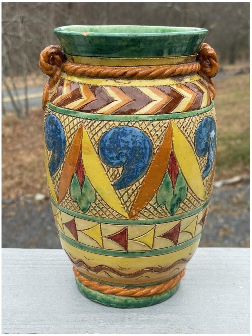 Vintage Italy Sgraffito Pottery Ceramic Vase Rope Applique COLORFUL Hand Painted